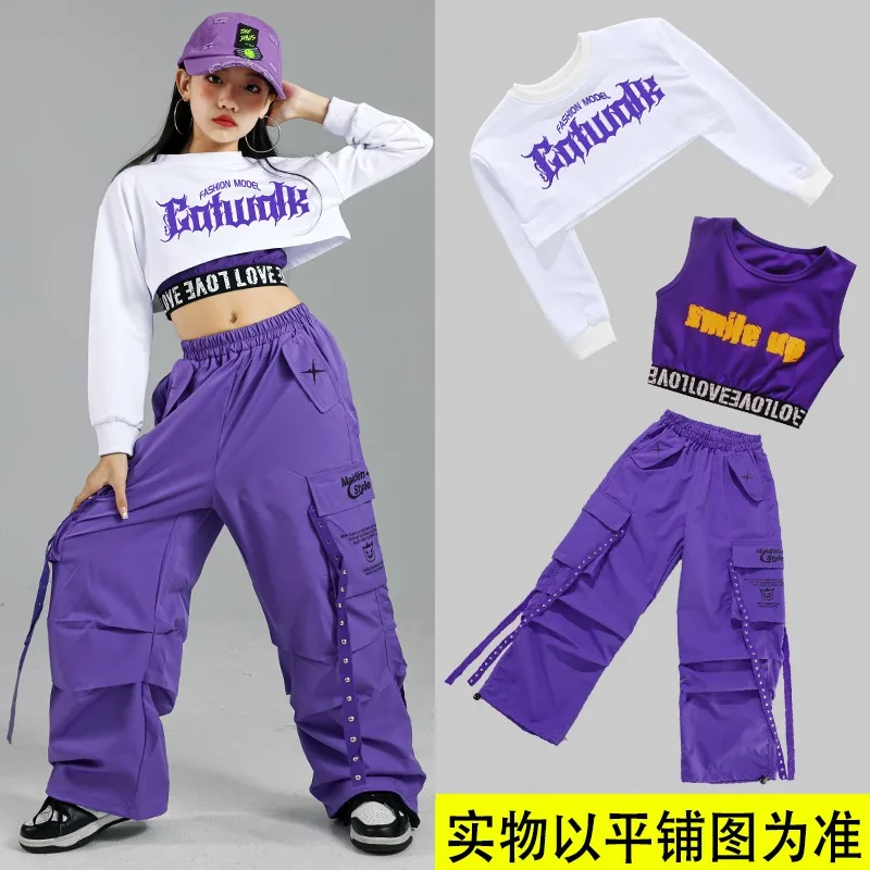 Girls' Jazz Dance Clothes White Tops Purple Trousers Children's Hip-hop Costumes Trendy Youth Outfits Stage Suit  Women's Groups - 3