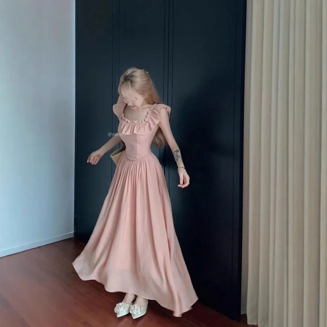 Sukienka z marszczonym kwadratowym dekoltem dla kobiet, lato 2025 Nowa długa sukienka plażowa bez rękawów w stylu francuskim