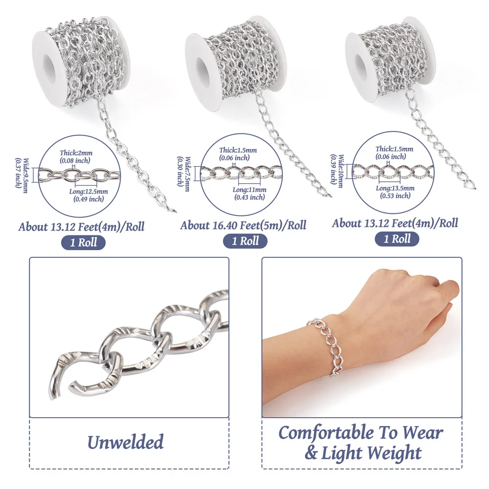 13M 3 Style Aluminium Cable Chains Textured Curb Chains Silver Color Unwelded Link for DIY Bracelet Necklace Jewelry Making