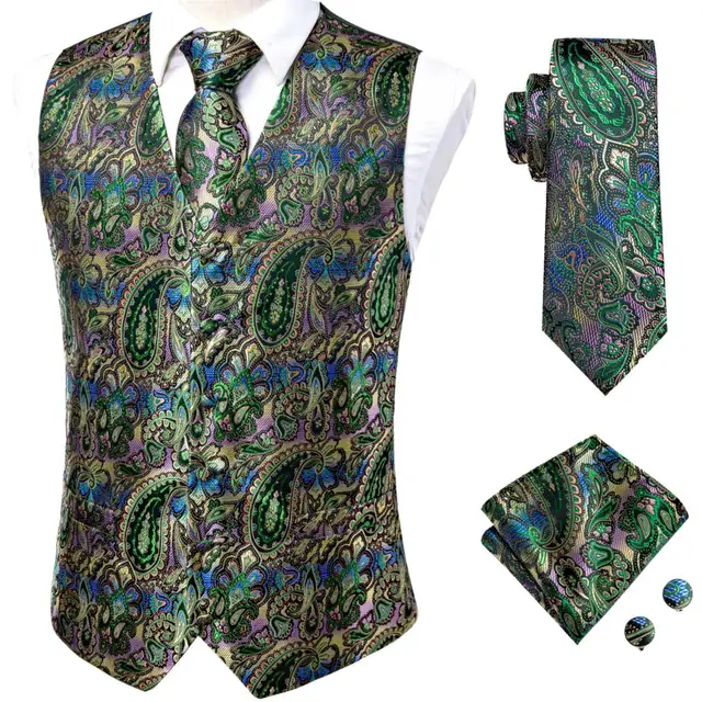 Hi-Tie 20 Color Silk Men's Vests and Tie Business Formal Dresses Slim Vest 4PC Hanky cufflinks for Suit Blue Paisley Waistcoat MS-0037