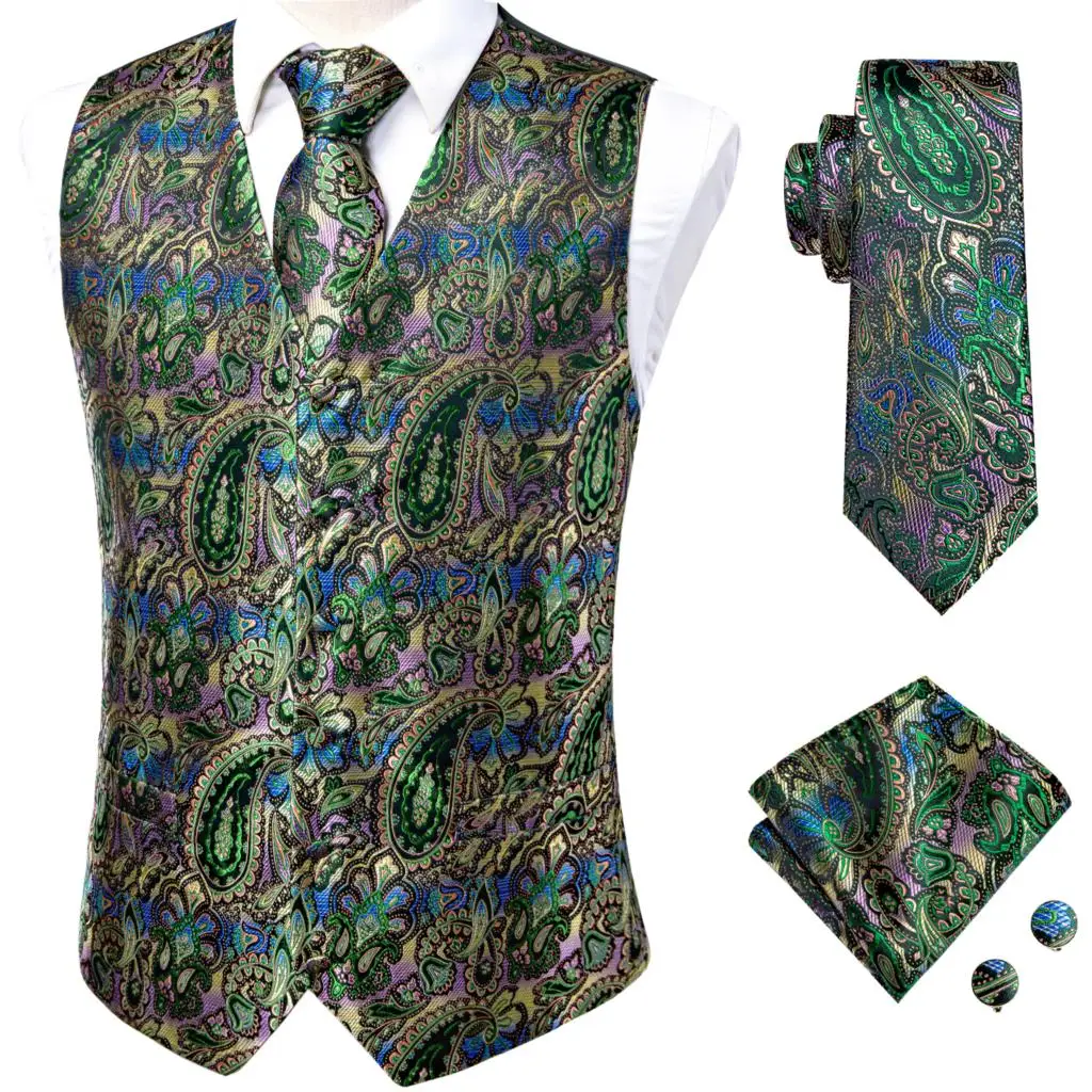 Silk Men's Vests and Tie Business Formal Dresses Slim Vest 4PC Necktie Hanky cufflinks for Suit Blue Paisley Floral Waistcoat blazer suit Suits & Blazer