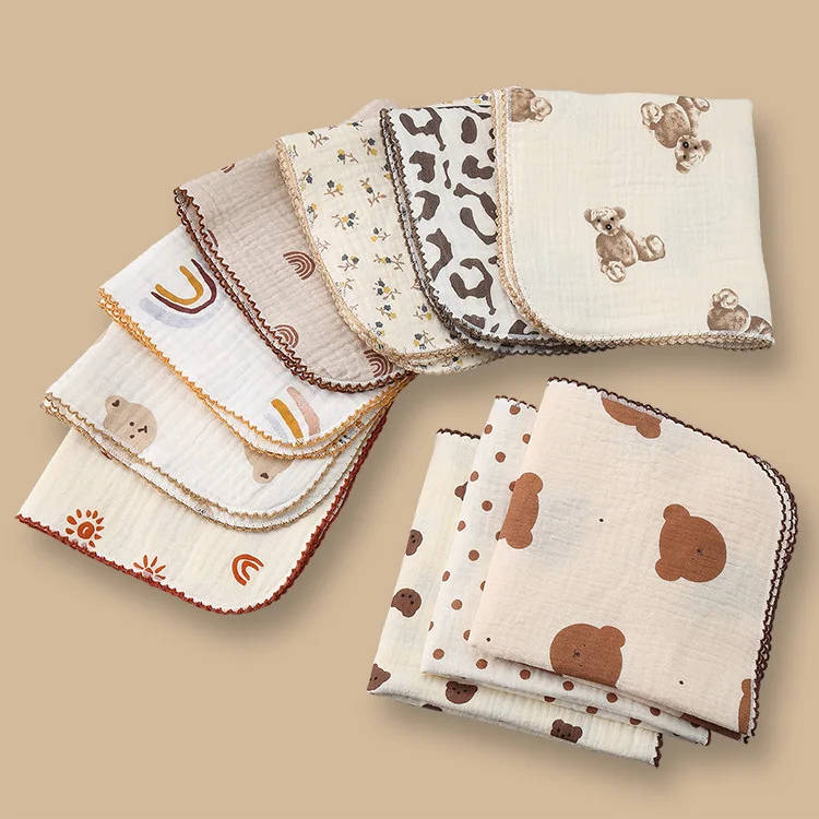 Baby Bibs and Burps Cartoon Lace Handkerchief Cotton Six Layers Gauze Square Towel Baby Face Towel feeding bib