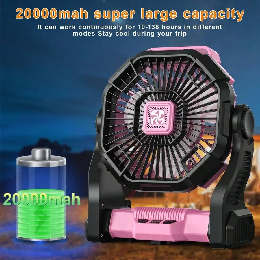 Batterijgevoede LED-lantaarn met koude lucht, tafelventilator met dubbele motor, 4 instelbare snelheden en ophanghaak, draagbare buitenventilator._voghion.com