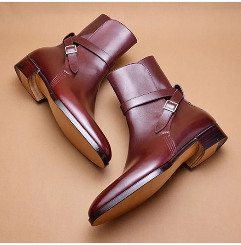 

Chelsea Boots Men New PU Leather Thick Heel Belt Buckle Short Boots Vintage Cowboy Motorcycle Boots High Top Casual Dress Shoes