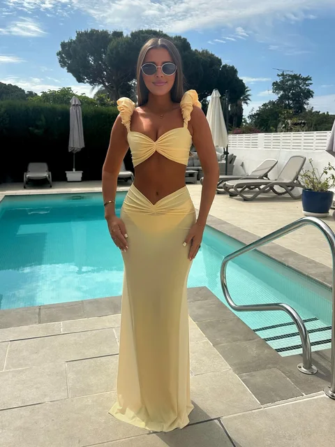 Butter Yellow Twist-Front 3-Piece Bikini Set with Skirt – Stylish Beachwear