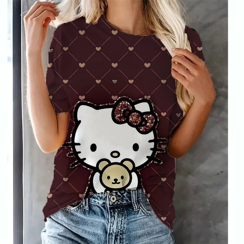 thumbnail image 1 of Camiseta de verano para mujer, camiseta de moda 3D con estampado de Hello Kitty, camiseta Harajuku, camiseta de gran tamaño para niñas, nueva camiseta de manga corta con cuello redondo, 1 of 5