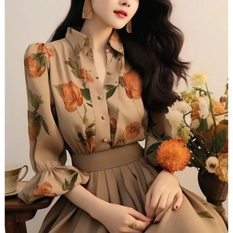 2024 Spring Autumn New Women's Polo-Neck Button Spliced Elegant Versatile Loose Long Sleeve High End Brown Printed Shirt Tops