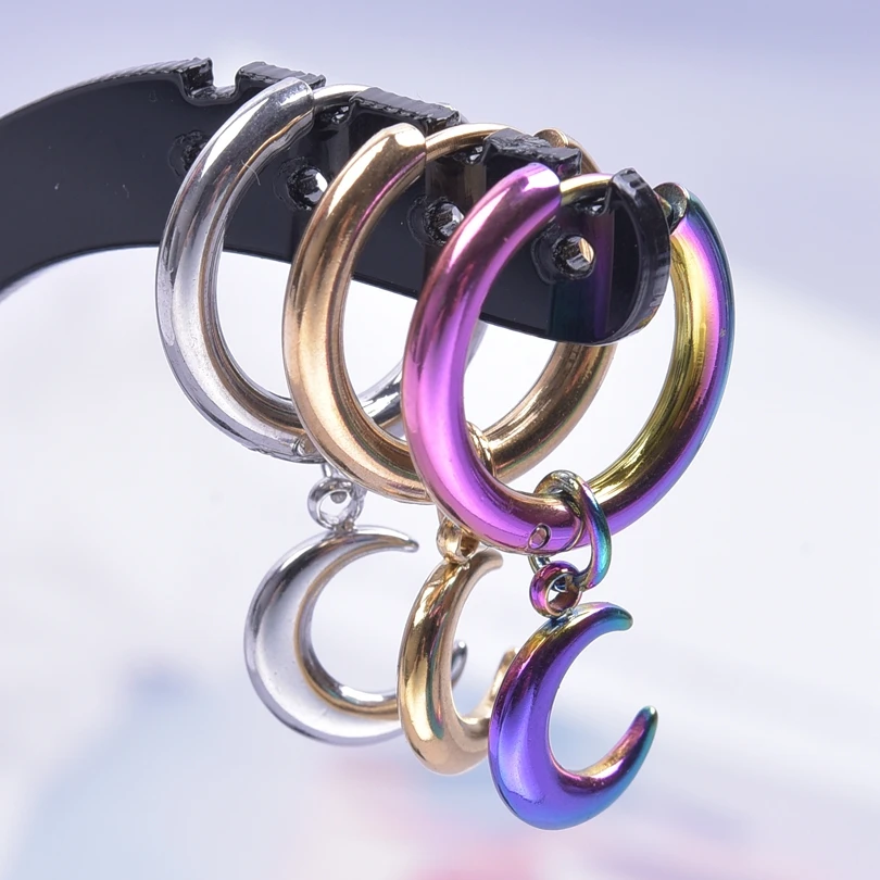 Aufrechter Mond Charm Ohrring Lune Anhänger Edelstahl Ohrringe für Damen Herren Modeschmuck Runde Creolen Piercing Ohrringe – Detail 3