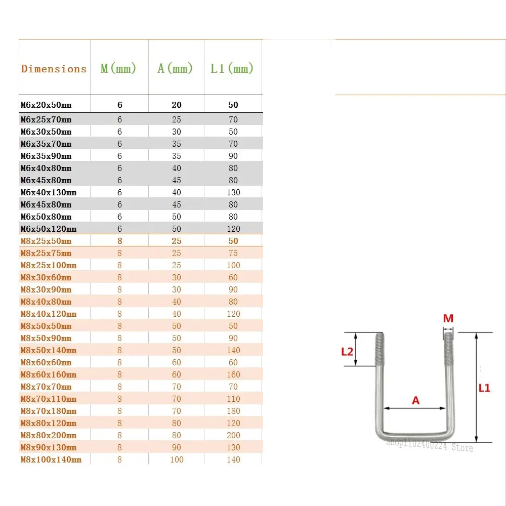 Square Bolt U-screw Square Clamp Square Pipe Clamp Right Angle Bolt 304 Stainless Steel