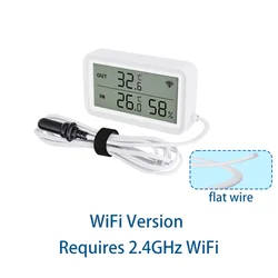 WiFi Temperature and Humidity Sensor with LCD Display and External Probe - Smart Home Compatible - Round Wire WiFi
