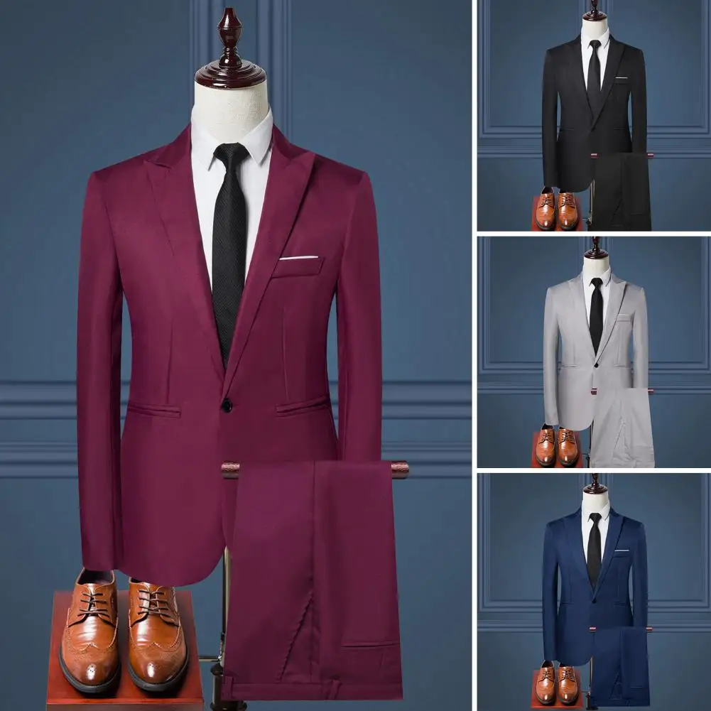 Men business outfit lapel long sleeve single breasted suit coat solid color suit pants set 2Pcs/Set slim fit workwear