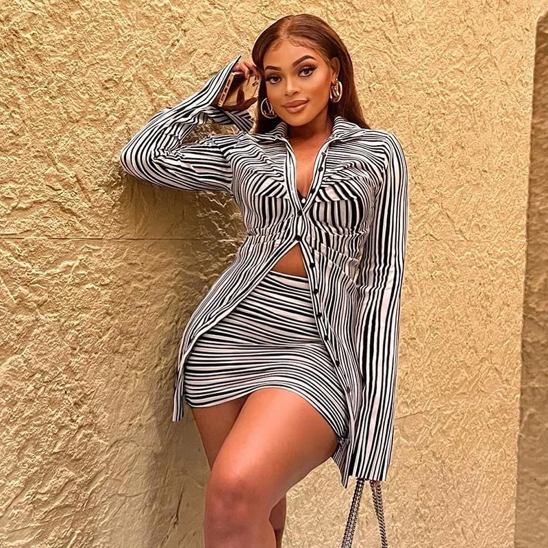 

Women's Beach Tunic Pareo Clothes Bikini Cover Up Female Outfits Summer 2024 Tight Fitting Skirt Set Shirt Sleeve Striped Long