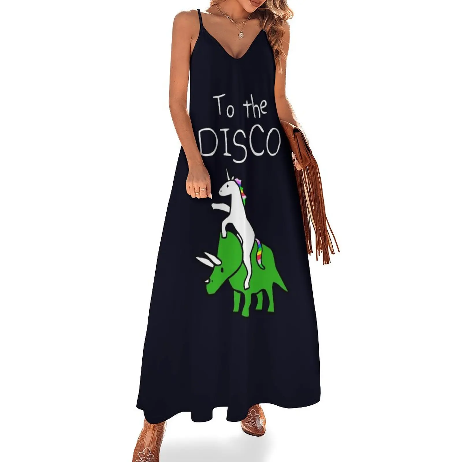 

To The Disco (white text) Unicorn Riding Triceratops Sleeveless Dress women's luxury party dress women's fashion dresses