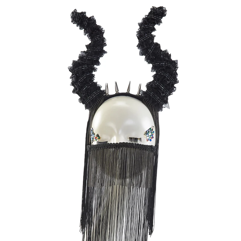 

Black Evil Hong Ox Horn Headband Gothic Rivet Demon Horns Tassel Veil Hair Hoop Cosplay Party Costume Accessories