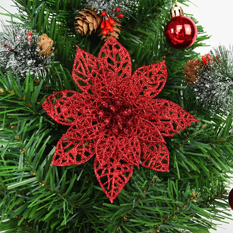 thumbnail image 1 of 5 piezas de flores artificiales con purpurina para Navidad, decoración para árbol de Navidad, flores falsas para el hogar, adorno navideño, decoración para fiesta de Año Nuevo, 1 of 5