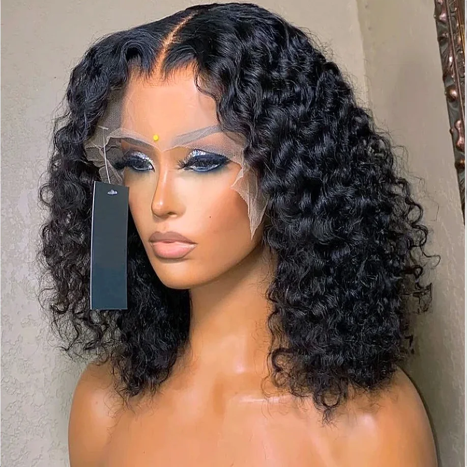 

Middle Part 16inch 180density Wig Lace Frontal Wig Natural Hairline Kinky Curly Short Bob Lace Front Wig Preplucked Baby Hair