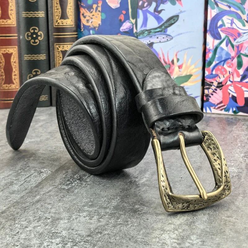 Retro Brass Belt Buckle Top Thick Genuine Leather Belt For Men Ceinture Leather Man Belt Vintage Cowboy Waist Belt Men MBT0020