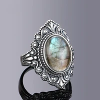Retro Oval Natural Labradorite Rings for Women Men Silver Ring Finger Ring Retro Gemstone Rings Jewelry Party Gift