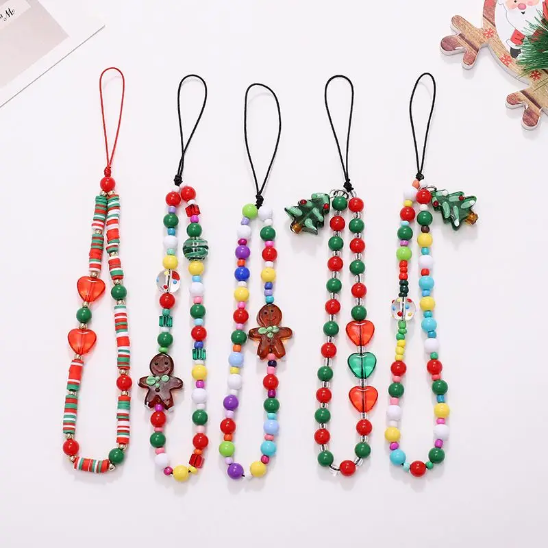 

Christmas Tree Gingerbread Man Phone Lanyard Heart Beaded Bracelet Mobile Phone Shell Accessories Cartoon Anti-Lost Charm Chain