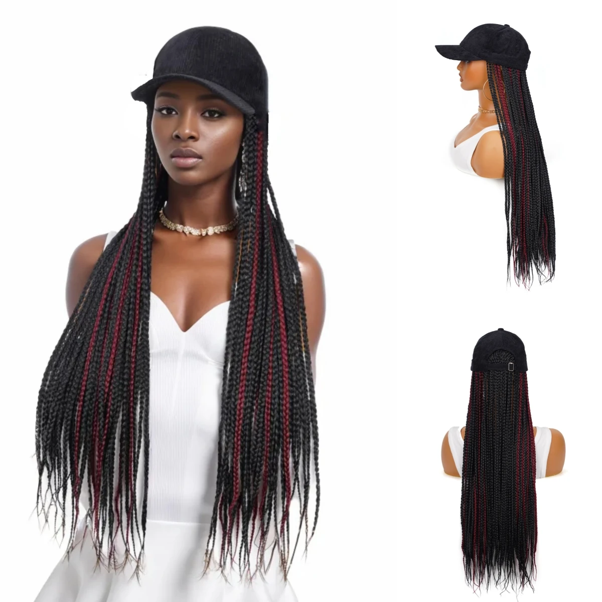 

Long Burgundy And Black Box Braided Synthetic Wigs With 24Inch Braiding Hair Extensions With Adjustable Hat Cap For Black Women