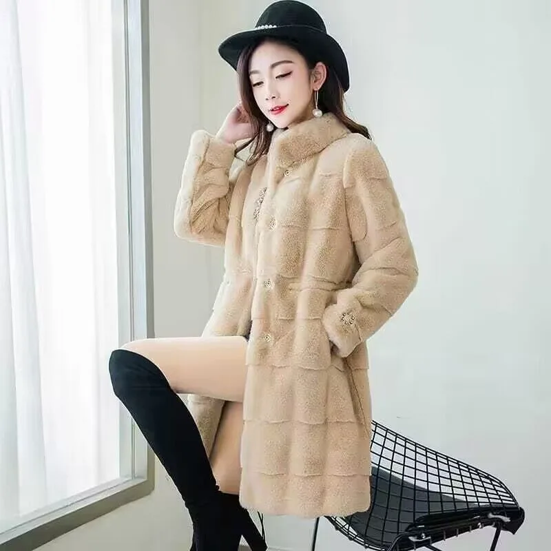 2023 Winter New Women Faux Fur Coat Mid Length Version Thicken Warm Imitate Mink Outwear Loose Large Size High Fashion Jackets