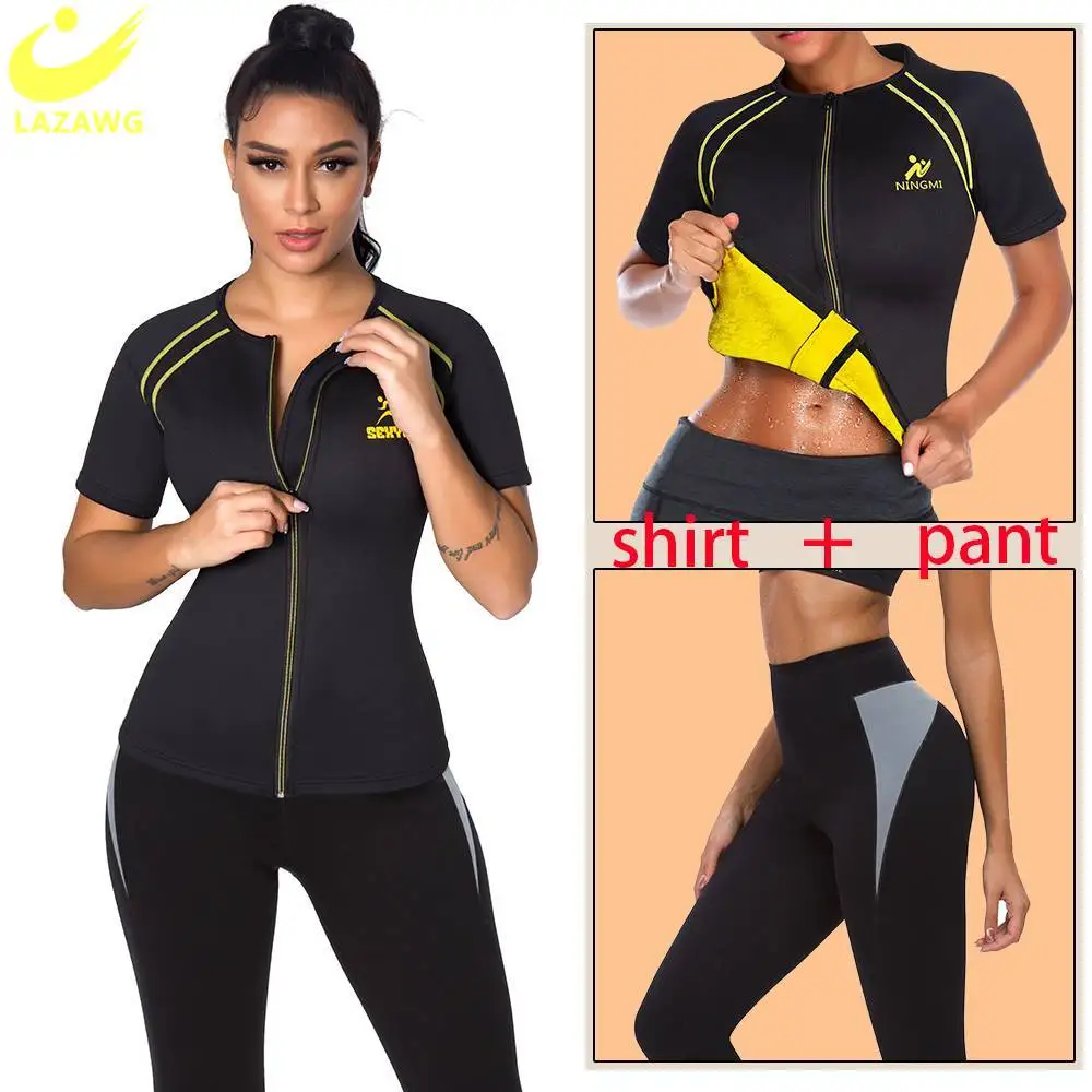 LAZAWG Women Slimming Waist Trainer Weight Loss Shirt Women Body Shaper Hot Thermo Sauna Capris Leggings Sweat Slimming Shapers
