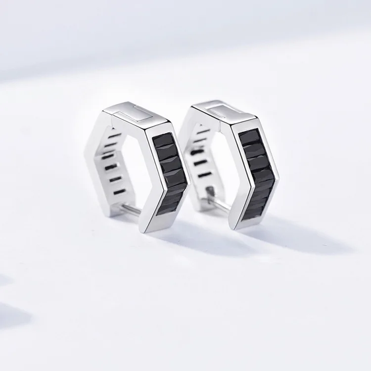 

S925 Sterling Silver Black Earrings Men's Earrings Hexagonal Earrings Feminine Korean Personality Single Simple Earrings