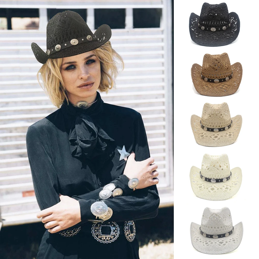 

Men Women Straw Western Cowboy Hats Wide Brim Sunhat Summer Caps Sombrero Travel Sunbonnet Street Style Beach Size US 7 1/4 UK L