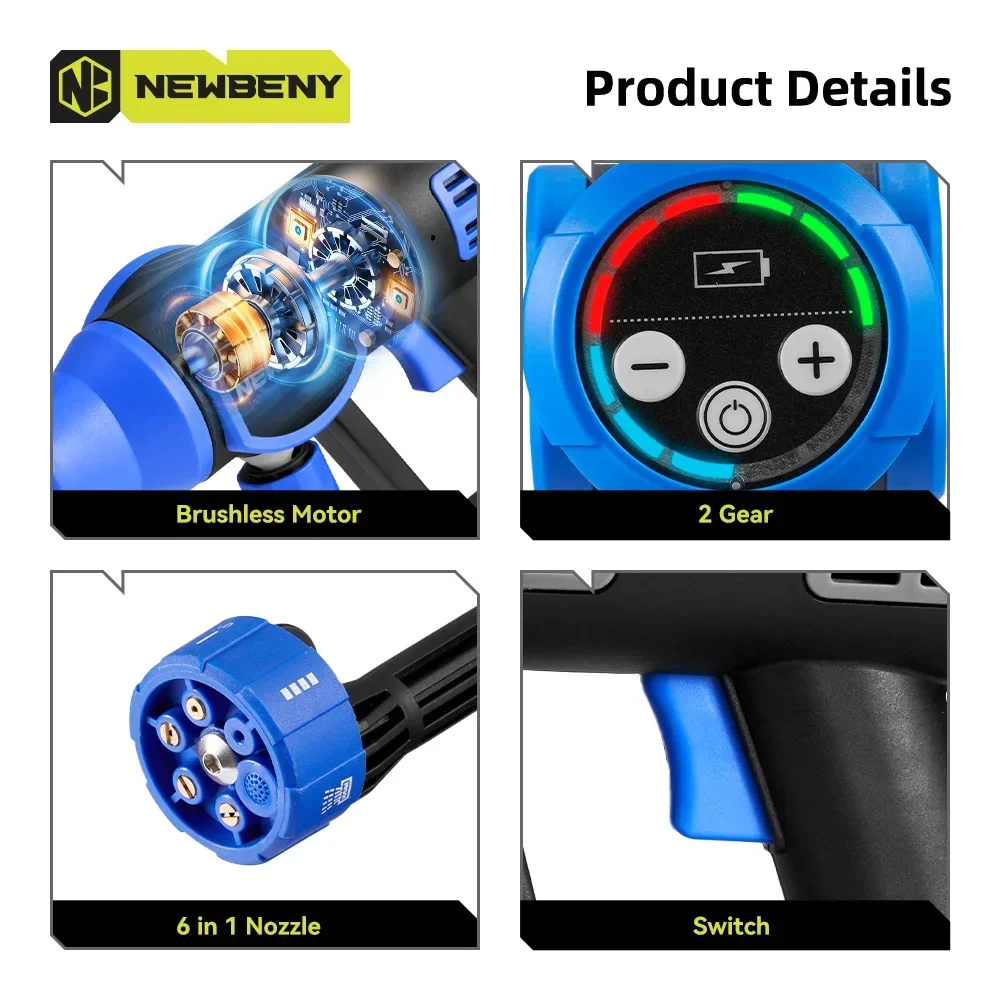 NEWBENY 200Bar Brushless Electric Car Washer 6 IN 1Cordless Efficient Car Garden Washing Power Tools For Makita 18V Battery 4