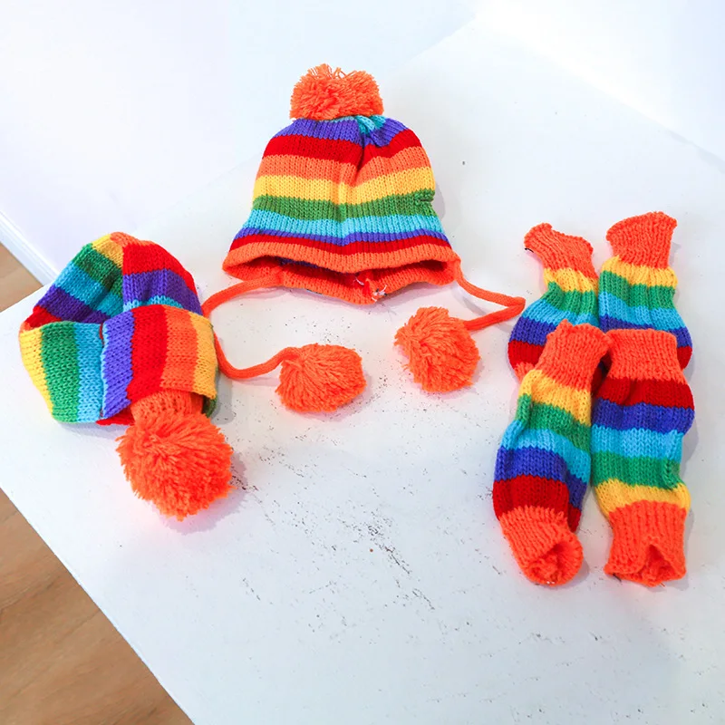 Rainbow Stripe Knitted Dog Scarf Winter Warm Hat Footwear Sloves 1 Set(hat + scarf + leg Warmers) Pet Clothes Accessories dog costume set