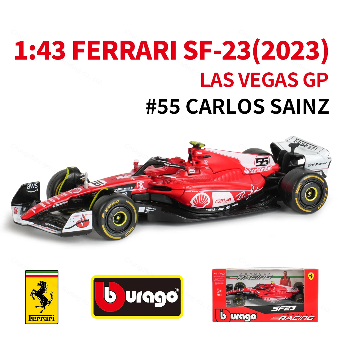 Bburago 1:43 2023 Ferrari SF23 Las Vegas # 16 # Voiture de formule de course 55 F1, Simulation statique, modèle de voiture en alliage moulé sous pression
