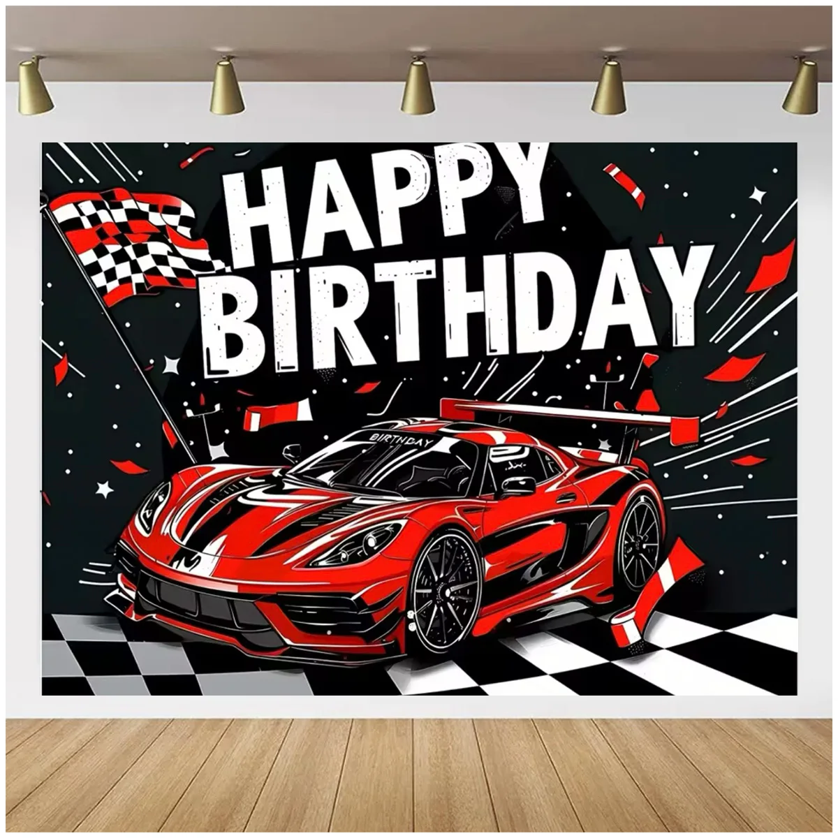 BIEUFBJI Striscione Banner Compleanno A Tema Auto Da Corsa – Decorazione In Cartoncino Per Feste Bambini E Adulti. - 3
