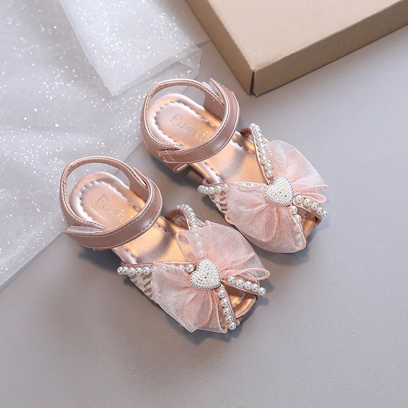 

Girls Sandals New Fashion Pearl Rhinestone Bowknot Baby Sandal Summer Soft Soled Kids Princess Shoes Children Flats Casual Shoes