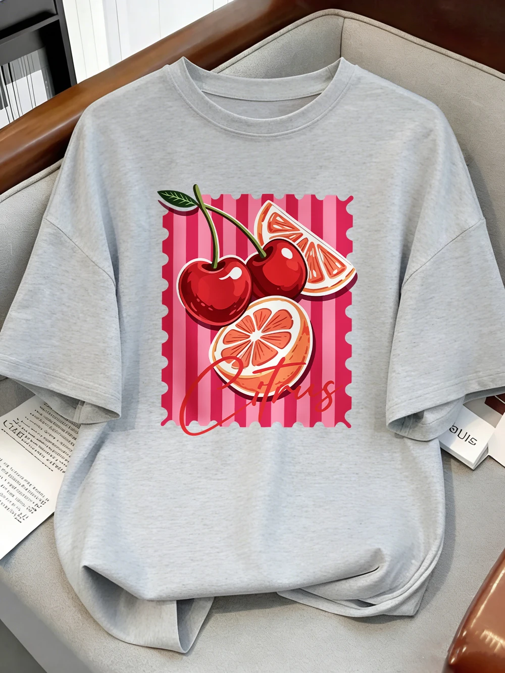 Red Cherry Citrus Print Oversized Cotton Women's Summer Top - Casual Soft O-Neck Short Sleeve T-Shirt