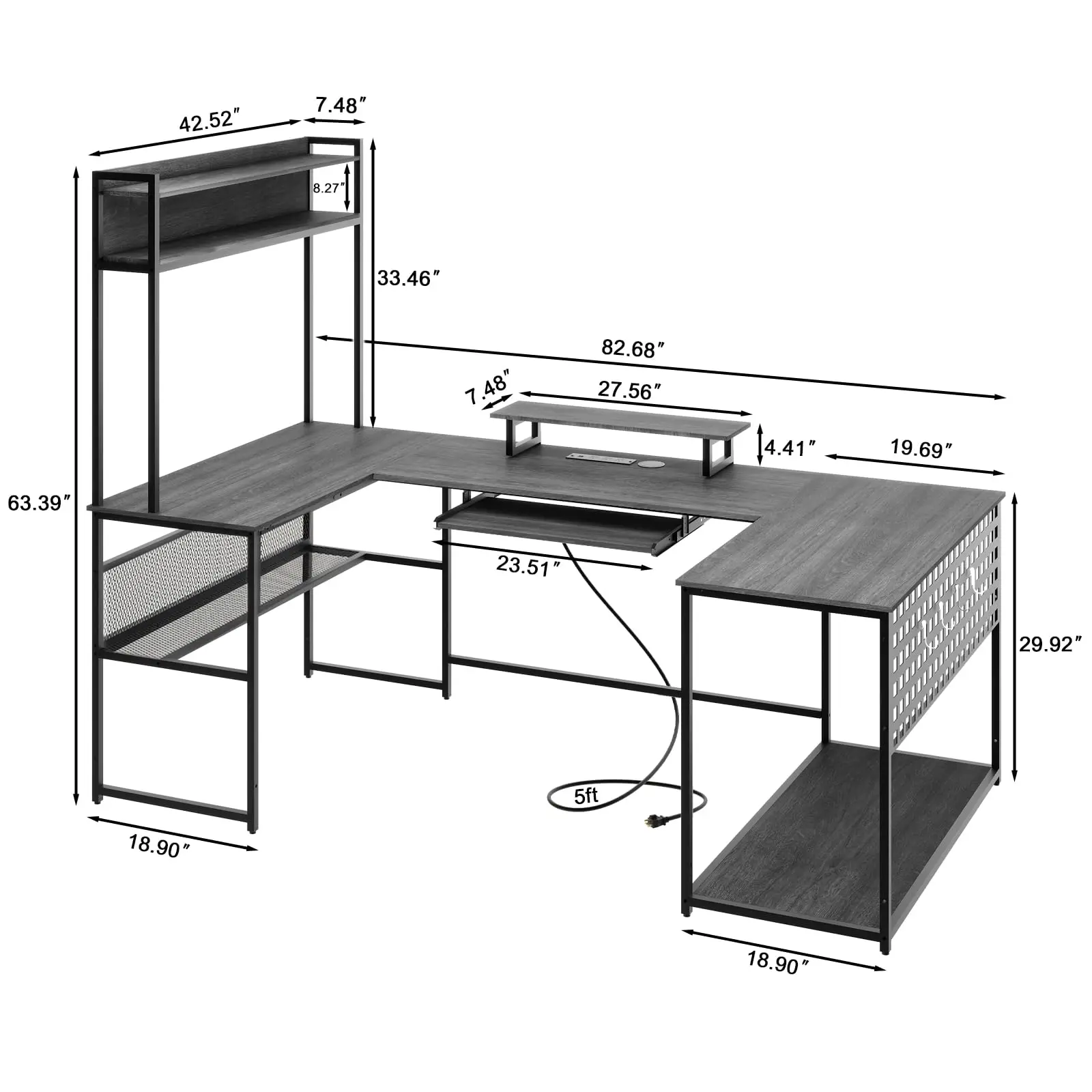 Vabches Computer Desk with Monitor Stand&LED Light Reversible Gaming Desk with Charging Station&Storage Shelves for Home Office 3