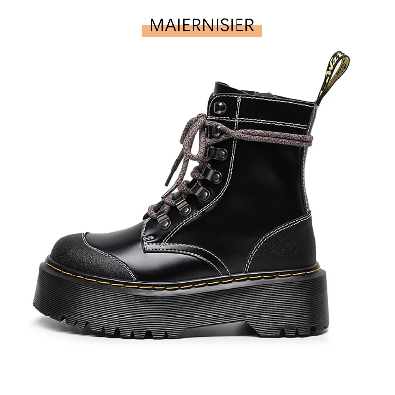 

Women Winter Leather Platform Ankle Boots Chunky Heel Biker Boots Classic Warm Snow Boots Side Zip Booties