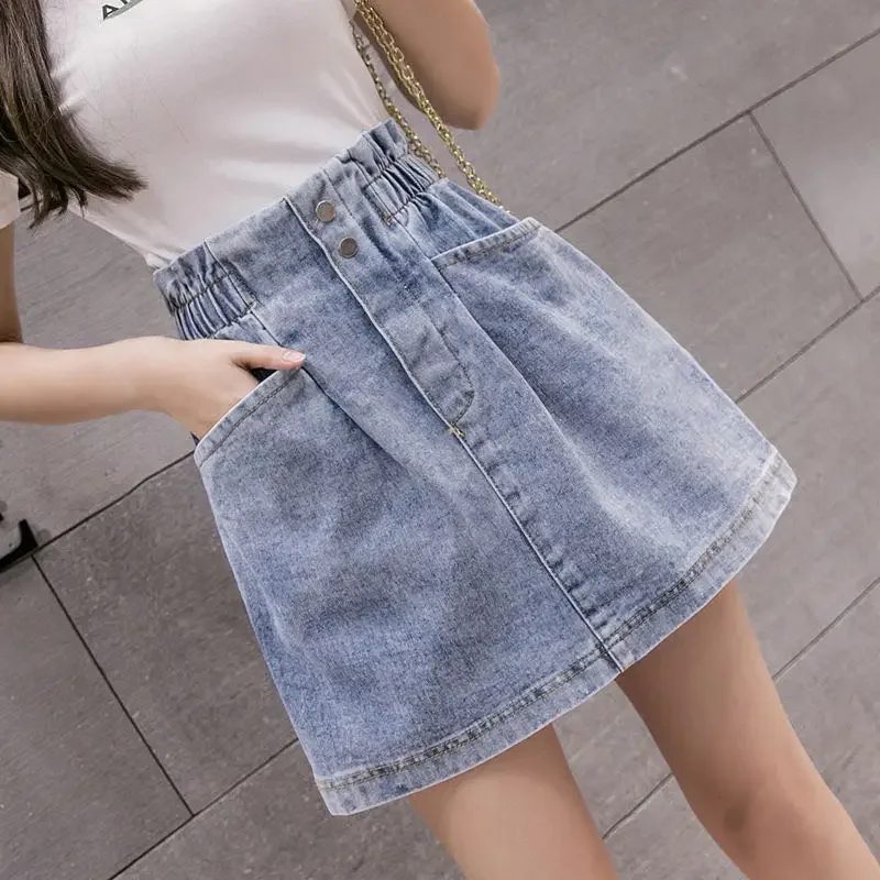 Summer Pockets Design All-match Women Mini Denim Skirts New Elastic Waist 2023 Female A-line Sexy Blue Casual Streetwear mens multi pockets buckle strap design streetwear cargo pants xl