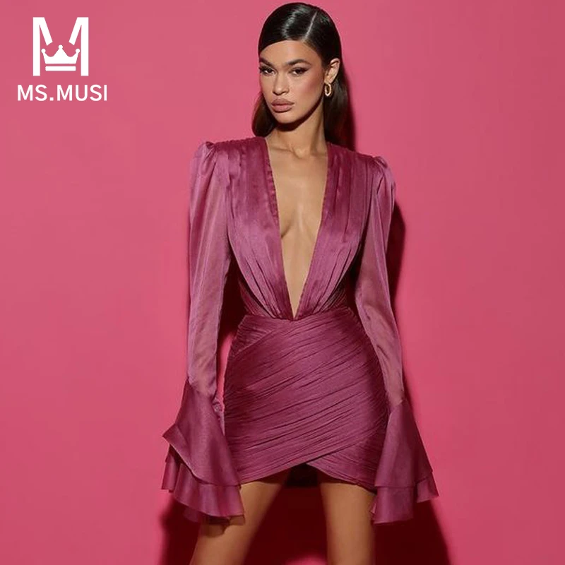 

MSMUSI 2024 New Fashion Women Sexy V Neck Satin Fold Ruffles Flare Long Sleeve Bodycon Party Club Event Slim Mini Dress Vestidos