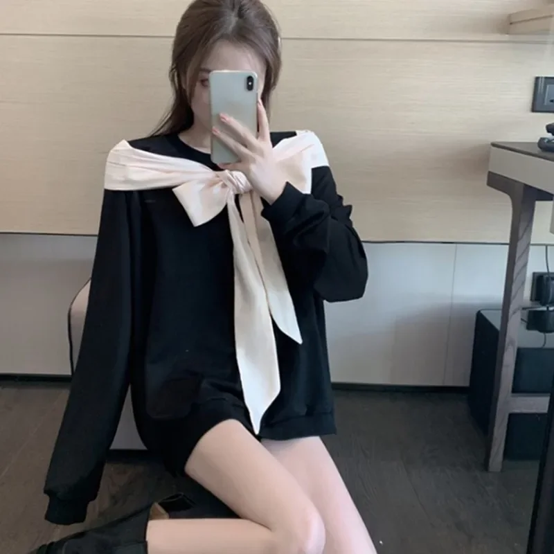 New Autumn Winter Korean Loose Fashion All-Match Long Sleeve Sweatshirt Shawl Bow Fake Two Pieces Hedging Women 2021 Pullover