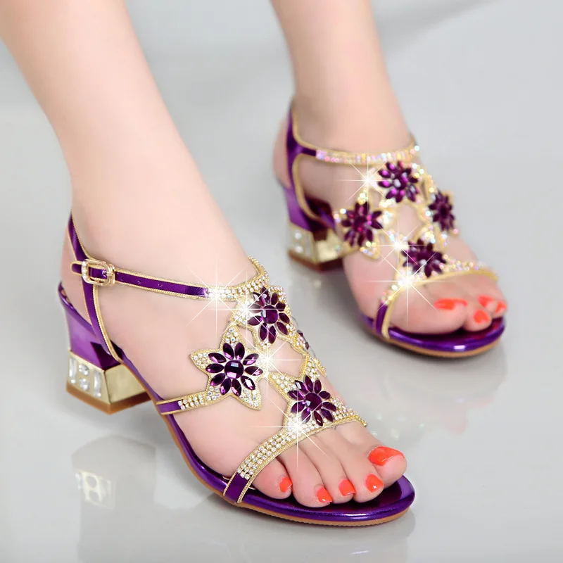 Comemore Ladies Low Block Heel Women's Sandal with Diamonds