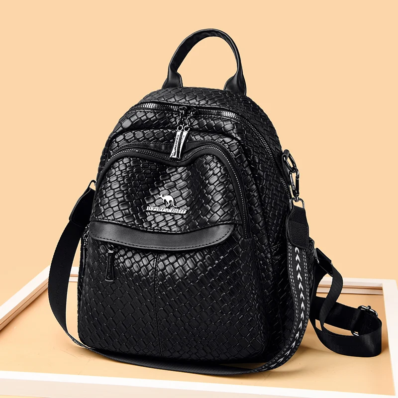 

Fashion New Women PU Woven Backpacks Luxury High Quality Leather Travel Bags Large Capacity School Backpack for College Students