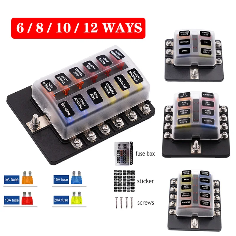 

12V 32V Fuse Box Holder 6 /8 /10 12Ways Blade Fuse Block Box LED Indicator Light With Plastic Cover M5 Stud For Car Boat Marine