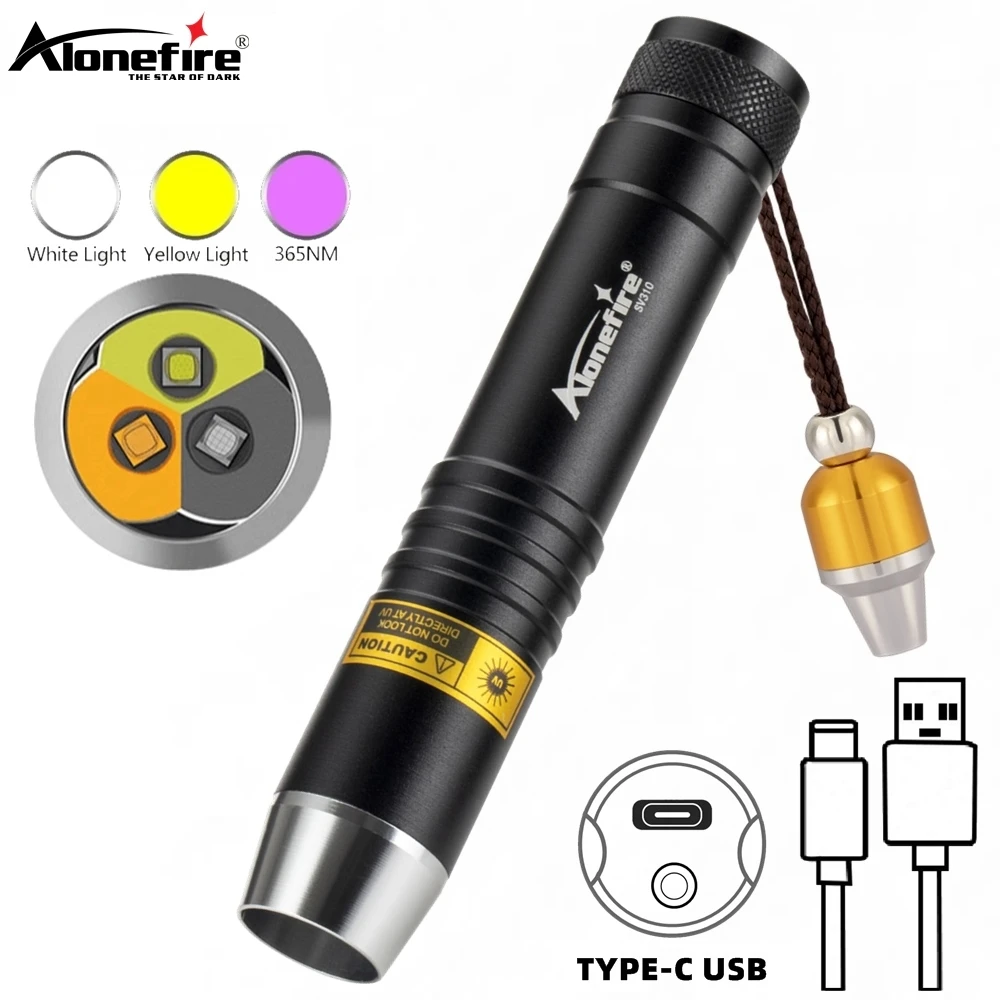 3-in-1 화이트 옐로우 365nm UV LED 손전등 USB 충전식 보석 옥 돌 애완동물 얼룩 백선 표시기 광석 돈 전갈 라이트