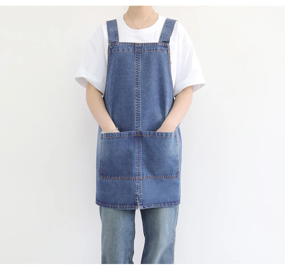 Maßgeschneiderte Schürze aus gewaschenem Denim mit verstellbaren Taillengurten für Heim- und Café-Arbeitskleidung, verstellbare Taille, Café-Schürze – Detail 13