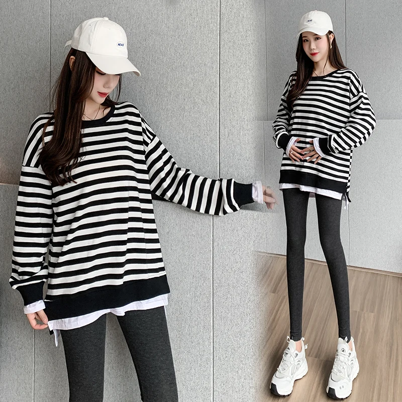 

Maternity Autumn Outfit Long Sleeve Fleece Stripe T-shirt Irregular Side Split Pregnant Women's Jackets Fashion Pregnancy Shirts
