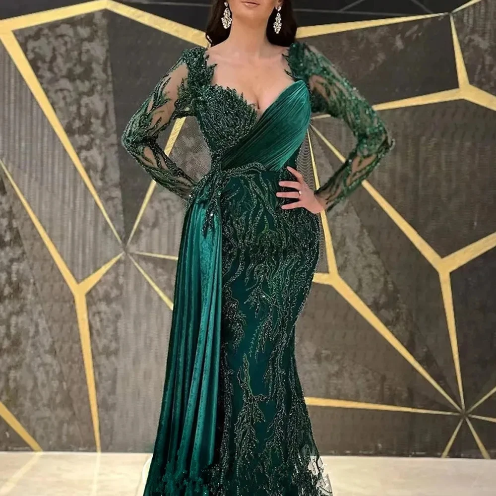 Elegante abito da sera di lusso Dubai verde smeraldo abito da ballo a maniche lunghe fino al pavimento donna 2024 abito da cerimonia formale