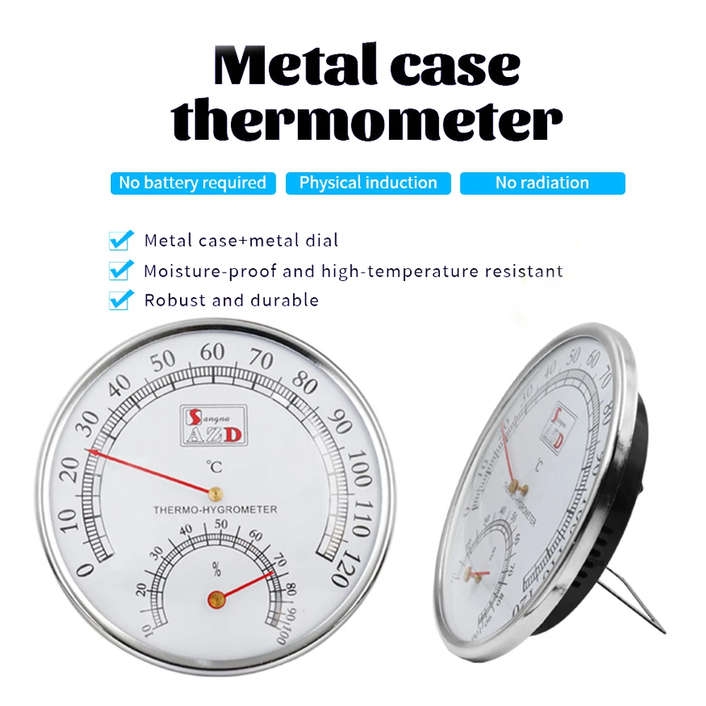 

2 in 1 Thermometer Hygrometer 0℃-120℃ Metal Shell Humidity Temperature Meter Monitor Tester No Battery for Greenhouse Sauna Room
