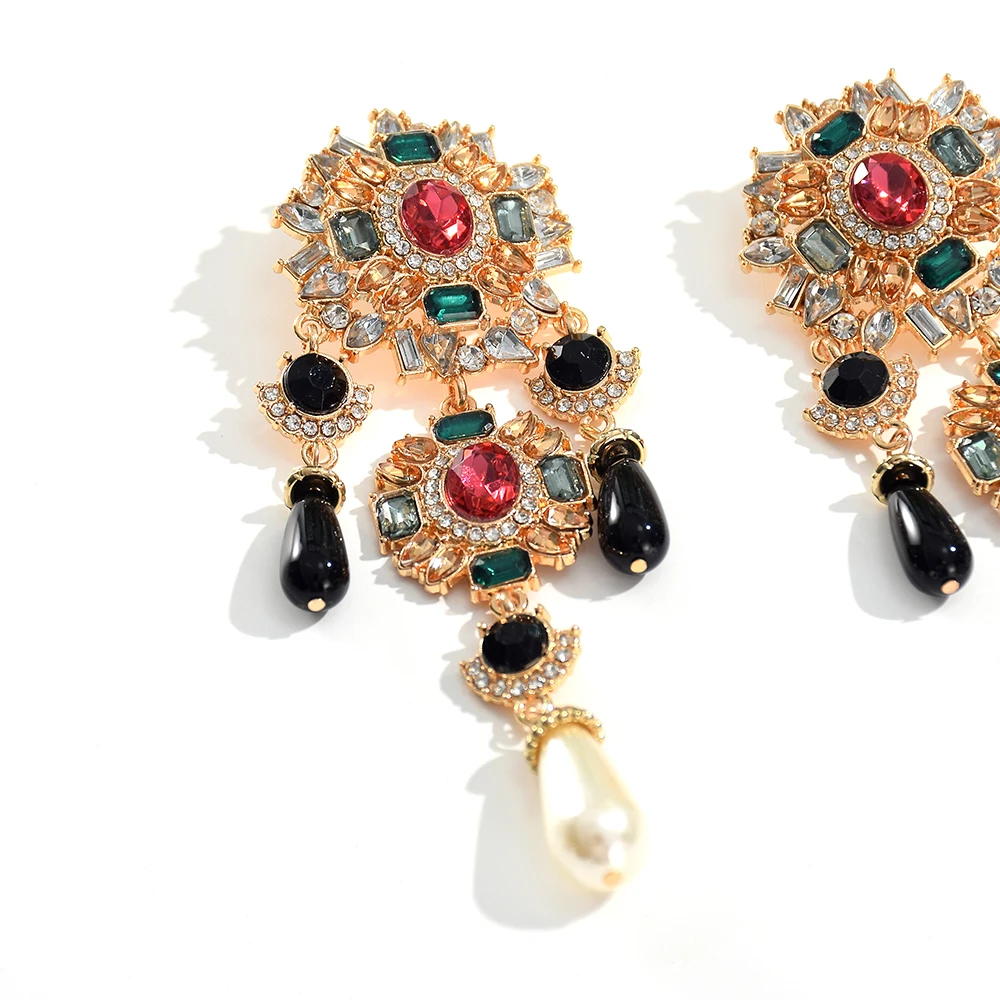 Dangle Drop Earrings Colorful Crystals Hanging Pearls Rhinestone For Women