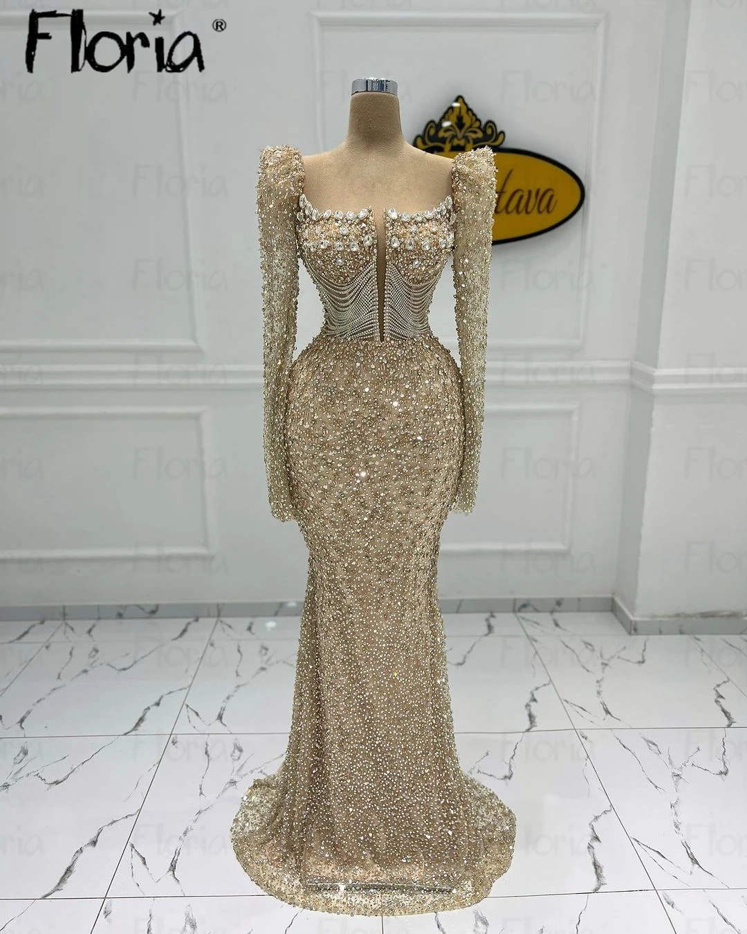 

Glitter Champagne Long Sleeve Eevening Dress Dubai Formal Dress 2024 Luxury Beaded Wedding Party Dress Arabic Vestidos De Noche