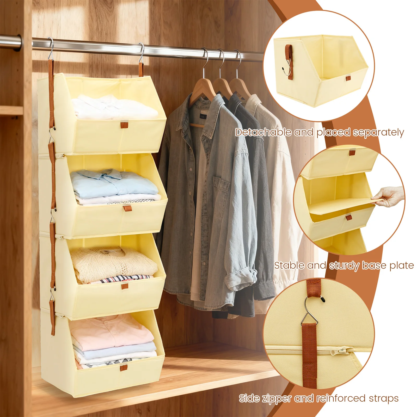 4 Tier Hanging Closet Organizer Thickened Nonwoven Fabric Closet Storage Bin Removable Storage Rack for Clothes Shoes Towel Toy